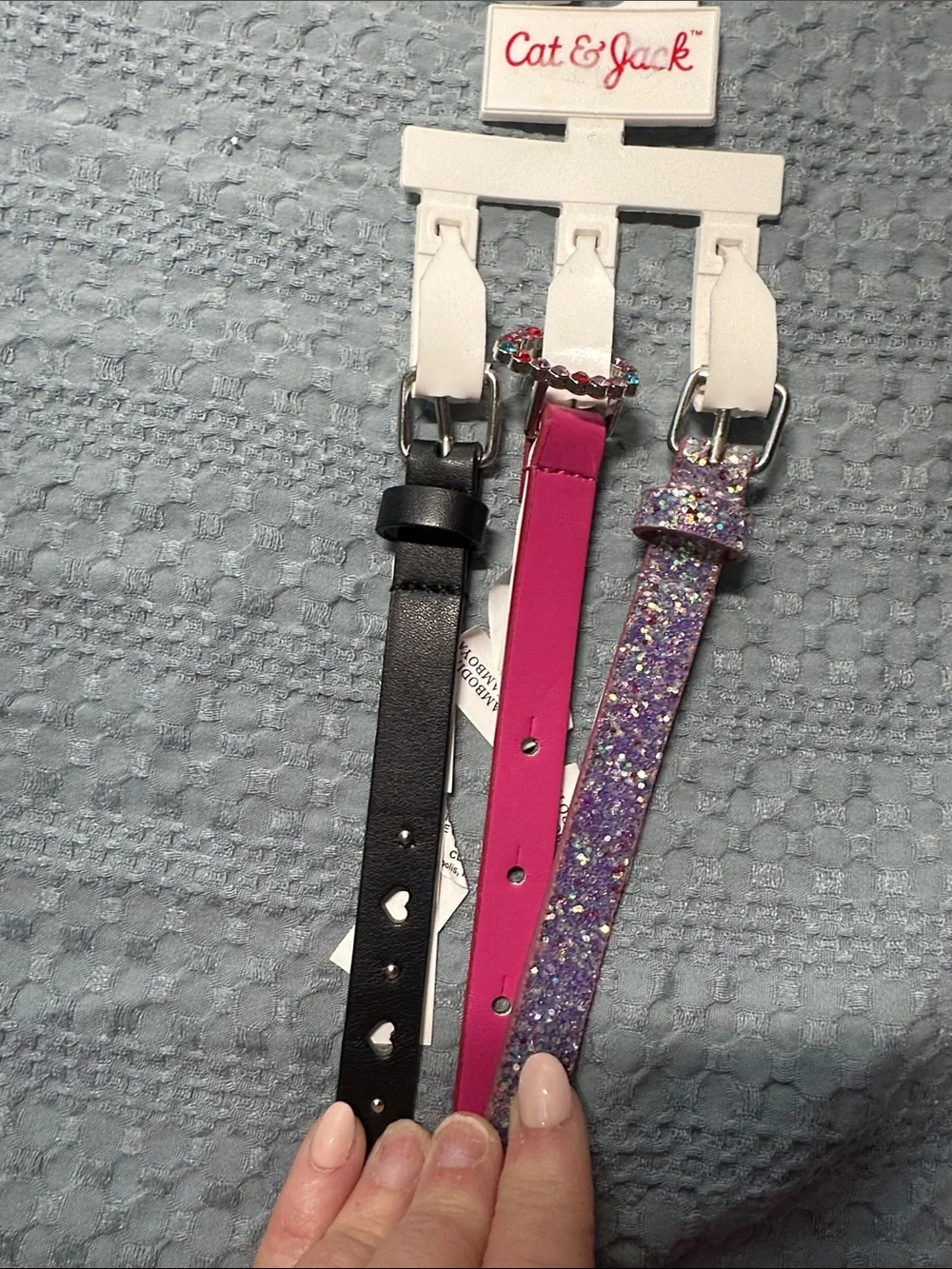 Cat & Jack Girls 3-Pack Belts — Black, Hot Pink & Glitter Purple Sz XL NWT